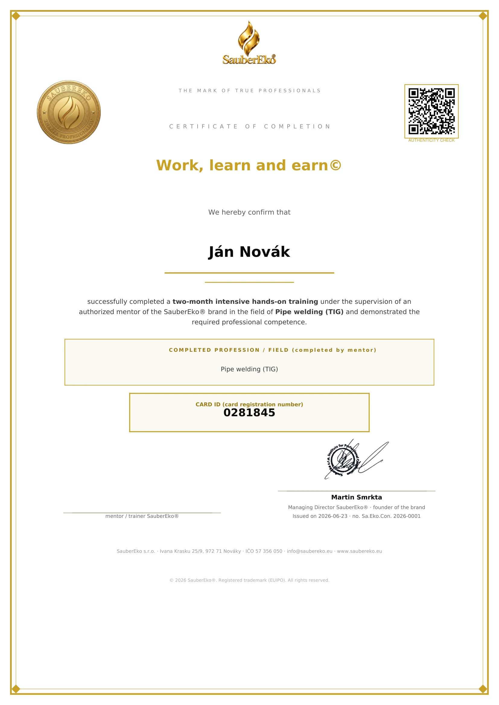 Ukážka certifikátu SauberEko®